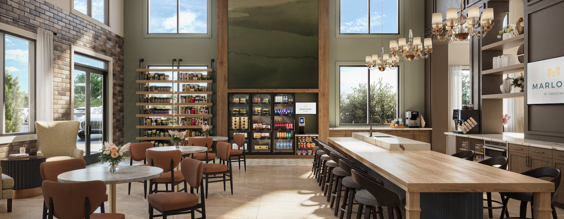 a clubroom with tables and chairs