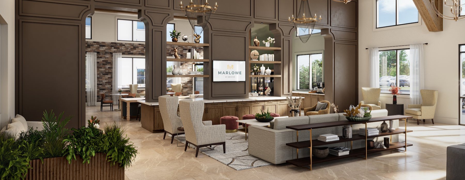 a clubroom with a couch, chairs and a tv