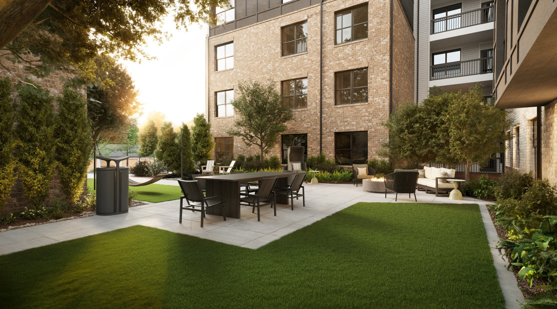 a courtyard with a table and chairs