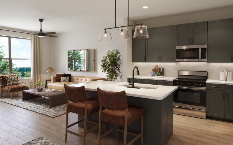 chamblee apartment island kitchen barstools pendant lighting sofa seating large window