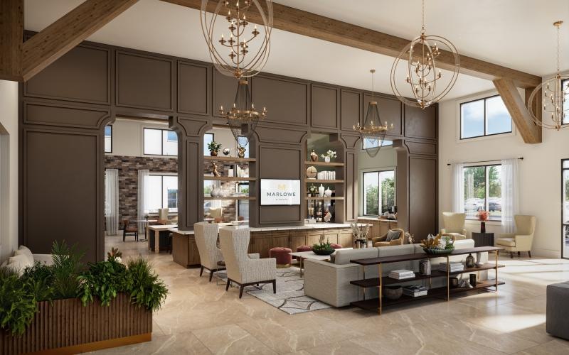 a clubroom with a couch, chairs and a tv