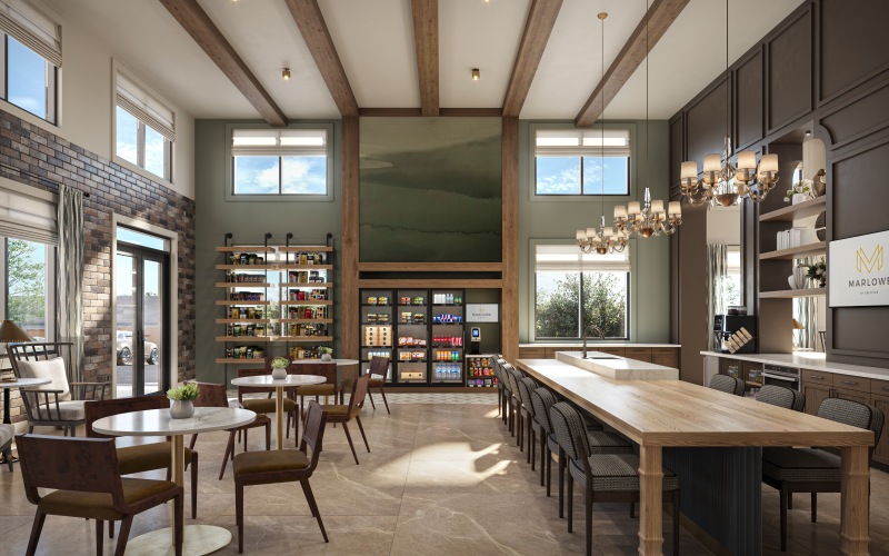 marlowe chamblee club lounge communal table seating grab and go market wood ceiling beams large windows