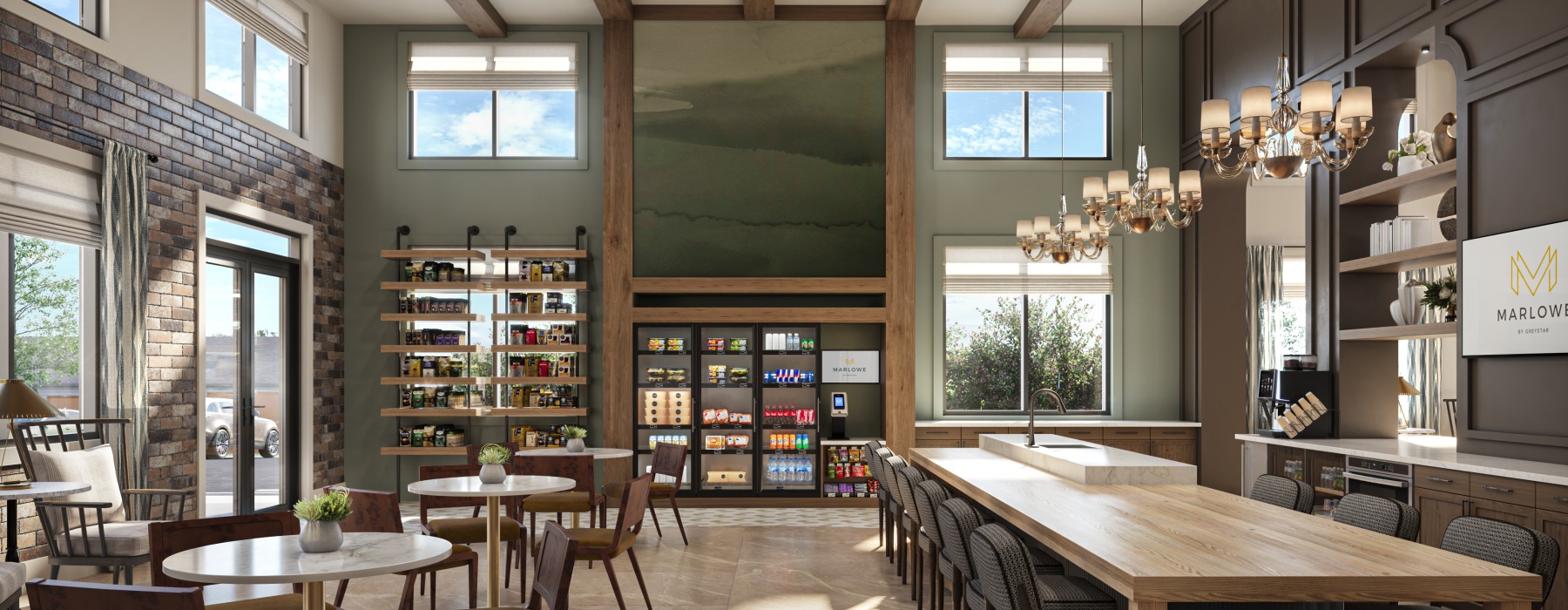 marlowe chamblee canopy club lounge seating chairs tables communal table chandeliers grab and go market large windows