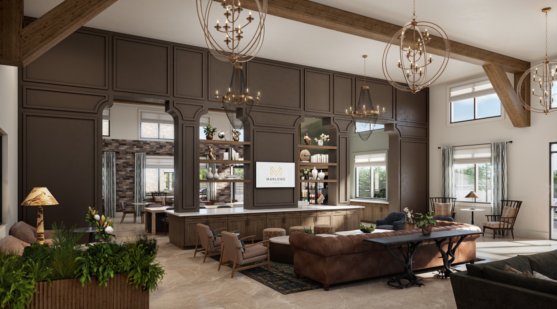 a clubroom with a couch, tables and chairs
