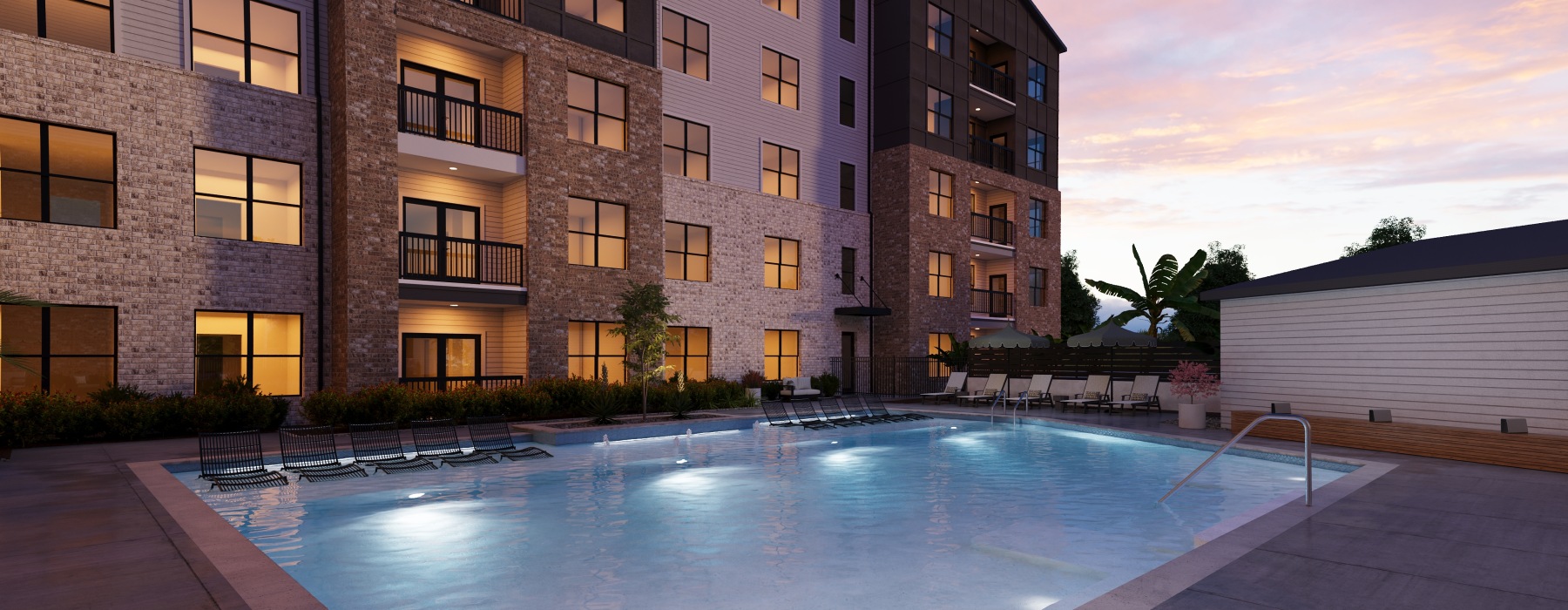 marlowe chamblee swimming pool chaise loungers apartment building sunset