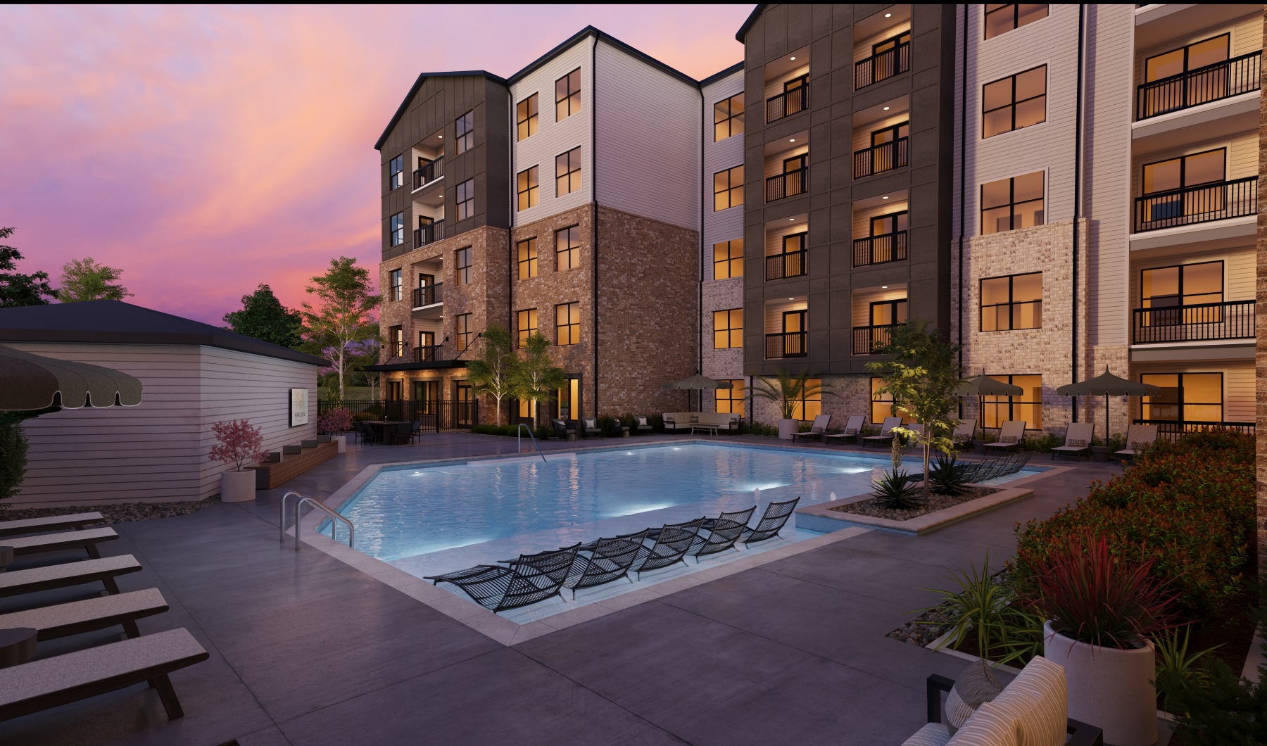 marlowe chamblee swimming pool sundeck sunset chaise loungers apartment buildings