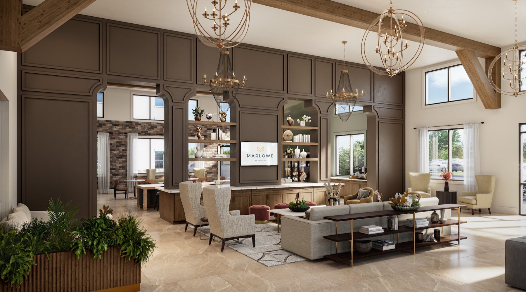 a clubroom with a couch, tables and chairs